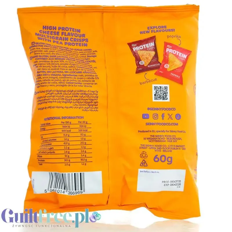 Skinny Food Protein Chips Cheese - wegańskie, bezglutenowe chipsy proteinowe o smaku serowo-cebulowym