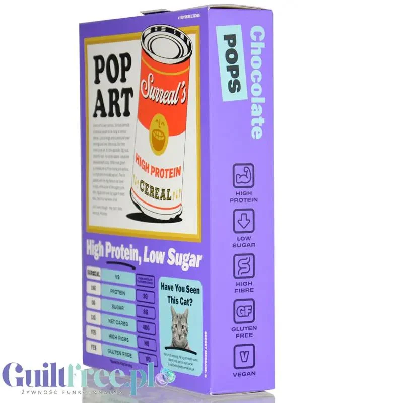 Surreal High Protein Pops Chocolate - proteinowe płatki śniadaniowe bez cukru ze stewią i erytrolem, kulki czekoladowe