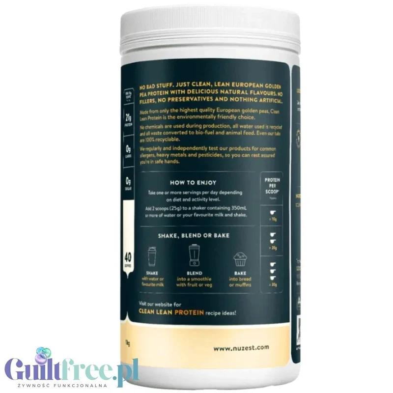 Nuzest Clean Lean Protein Just Natural 1kg - wegańska odżywka białkowa z europejskiego grochu bez słodzików i aromatów