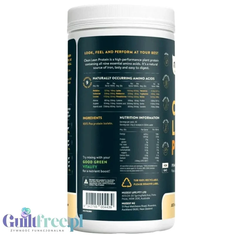Nuzest Clean Lean Protein Just Natural 1kg - wegańska odżywka białkowa z europejskiego grochu bez słodzików i aromatów