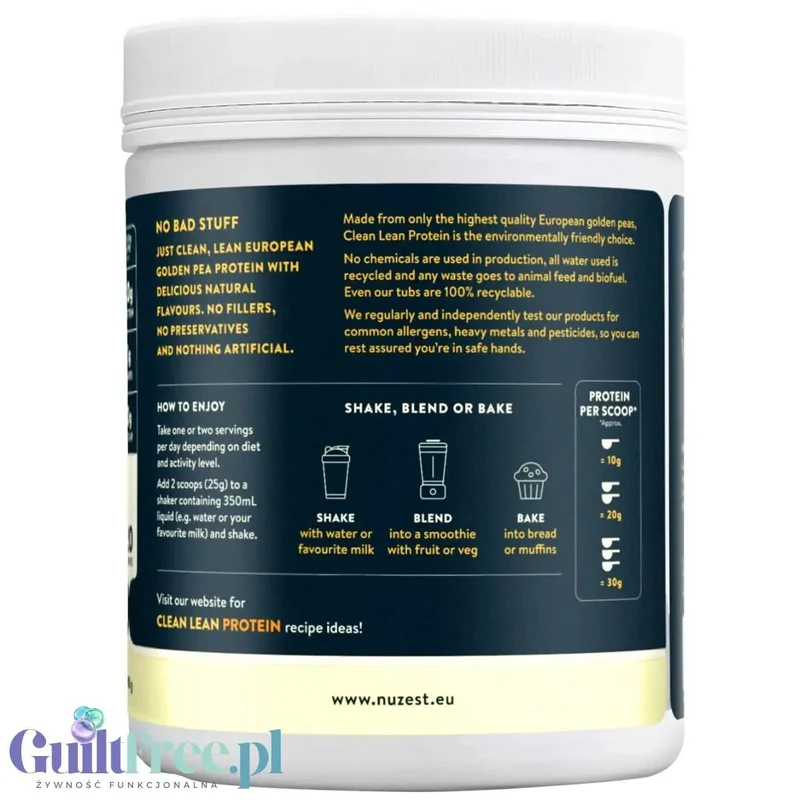 Nuzest Clean Lean Protein Smooth Vanilla 0,5kg - wegańska odżywka białkowa o wspaniałym składzie na bazie europejskiego grochu