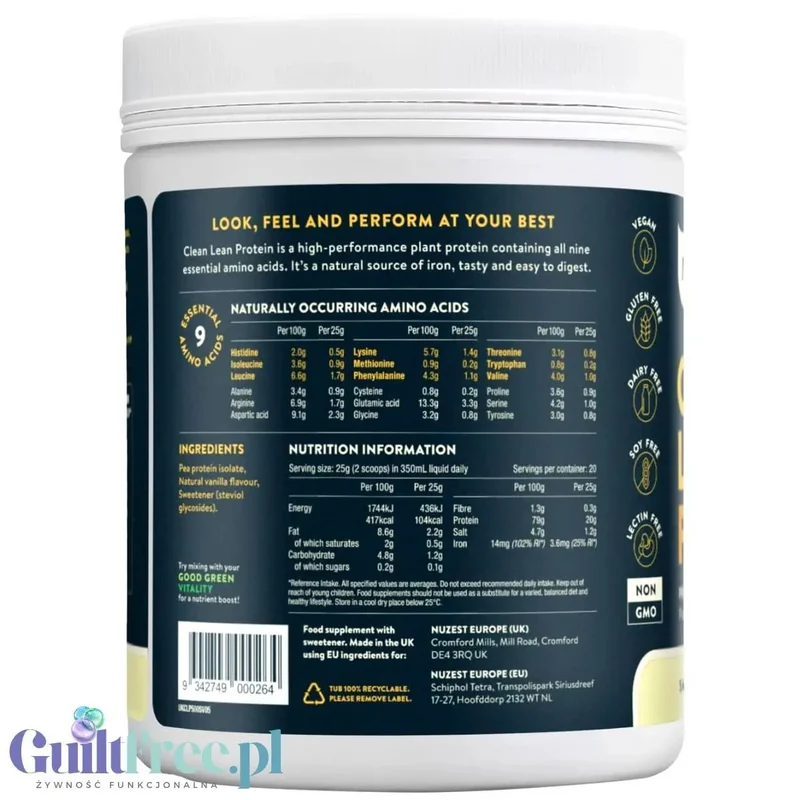 Nuzest Clean Lean Protein Smooth Vanilla 0,5kg - wegańska odżywka białkowa o wspaniałym składzie na bazie europejskiego grochu