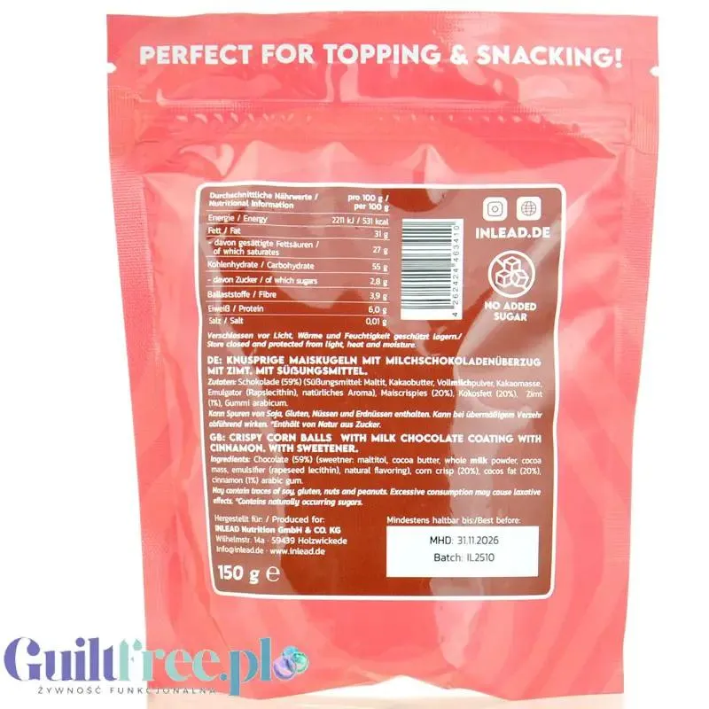 Inlead Crispy Rocks Cinnamon Milk Choc - chrupiące kuleczki kukurydziane w cynamonowej mlecznej czekoladzie bez cukru