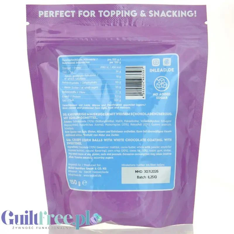 Inlead Crispy Rocks White Choc - chrupiące kuleczki kukurydziane w białej czekoladzie bez cukru
