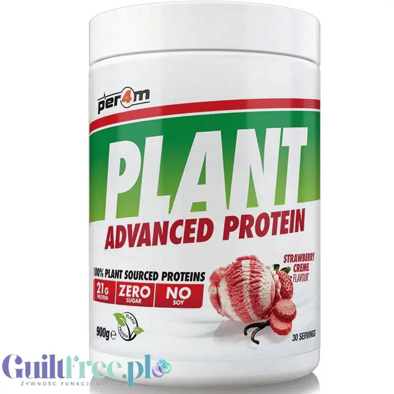 Per4m Plant Advanced Protein Strawberry Creme 900g - wegańska odżywka białkowa bez soi i glutenu z MCT