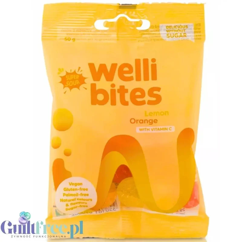 Wellibites Super Sour Lemon & Orange - kwaśne wegańskie dropsy cytrusowe bez cukru z witaminą C