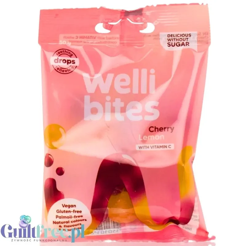 Wellibites Cherry Lemon Drops - łagodzące dropsy na gardło bez cukru, smak Mentol, Wiśnia & Cytryna