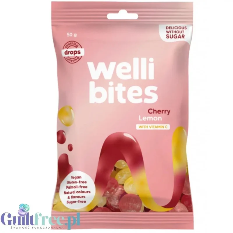 Wellibites Cherry Lemon Drops - łagodzące dropsy na gardło bez cukru, smak Mentol, Wiśnia & Cytryna
