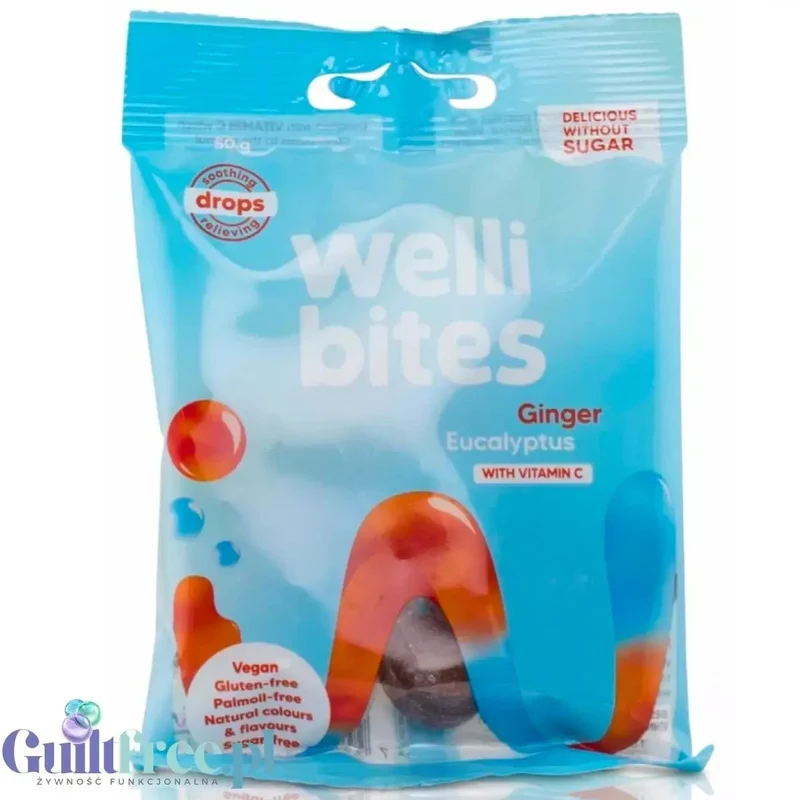 Wellibites Ginger Eucalyptus Drops - łagodzące dropsy na gardło bez cukru, smak Imbir & Eukaliptus