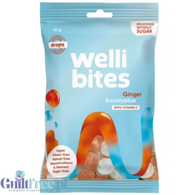 Wellibites Ginger Eucalyptus Drops - łagodzące dropsy na gardło bez cukru, smak Imbir & Eukaliptus