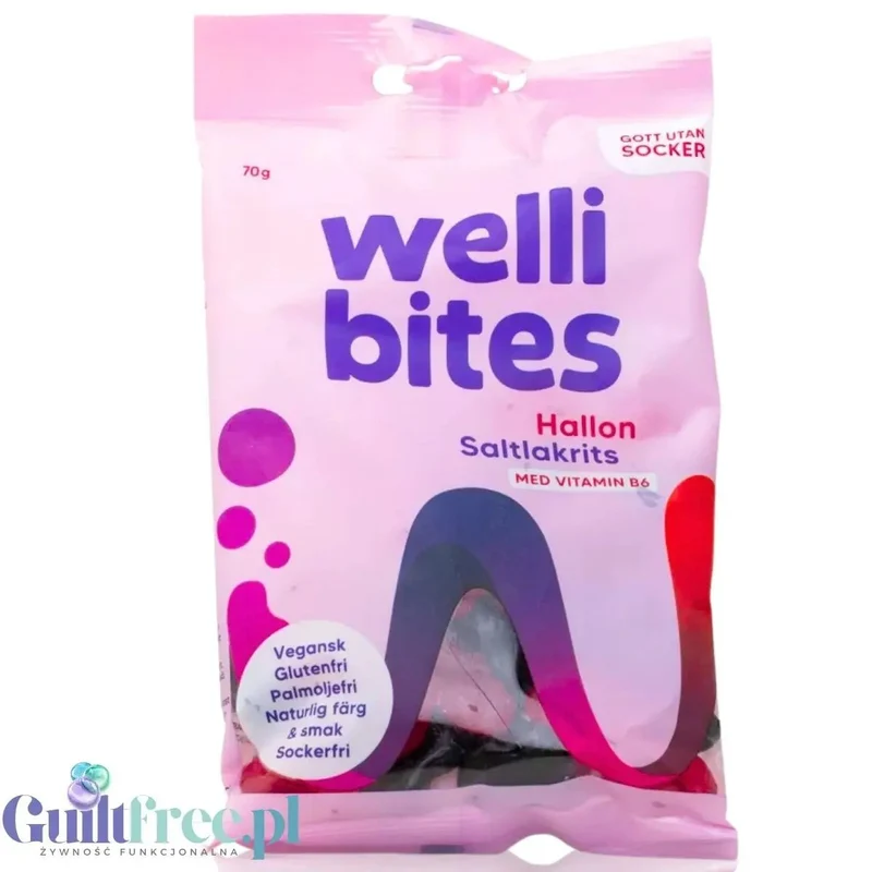 Wellibites Raspberry & Salty Liquorice - wegańskie żelki malinowo-lukrecjowe bez cukru z witaminą B6