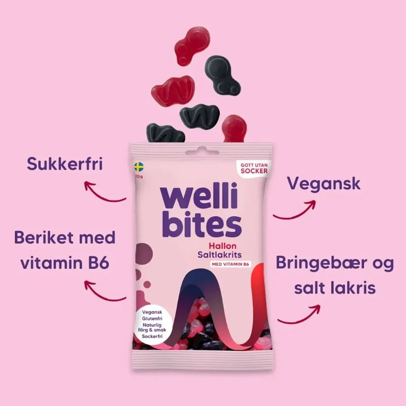Wellibites Raspberry & Salty Liquorice - wegańskie żelki malinowo-lukrecjowe bez cukru z witaminą B6