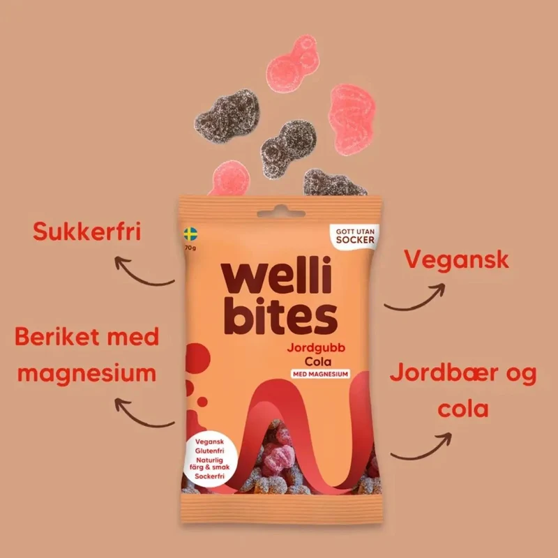 Wellibites Strawberry & Cola - wegańskie żelki bez cukru z magnezem, smak Cola & Truskawka