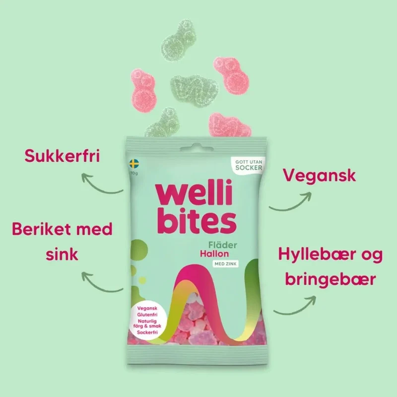 Wellibites Elderflower & Raspberry - wegańskie żelki bez cukru z cynkiem, smak Malina & Kwiat Bzu