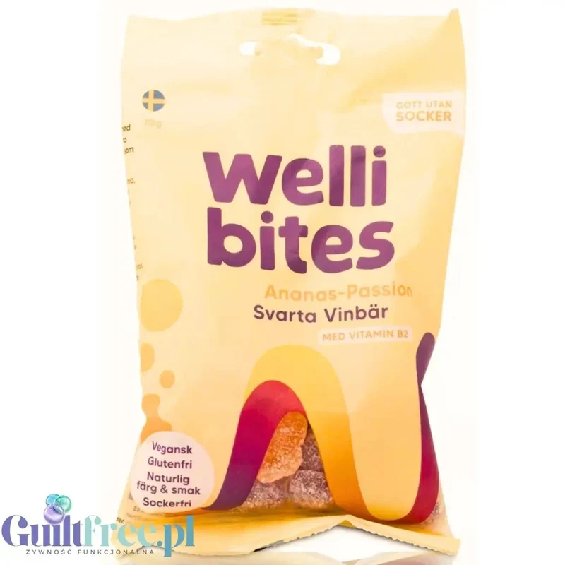 Wellibites Pineapple-Passion & Blackcurrant - wegańskie żelki bez cukru, smak Ananas, Marakuja & Czarna Porzeczka