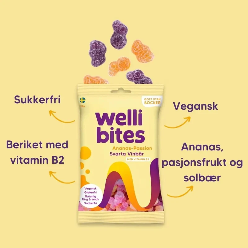 Wellibites Pineapple-Passion & Blackcurrant - wegańskie żelki bez cukru, smak Ananas, Marakuja & Czarna Porzeczka
