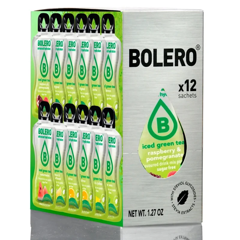 Bolero Iced Green Tea Mix 12 saszetek x 8g, 10 różnych smaków Zielonej Mrożonej Herbaty bez cukru