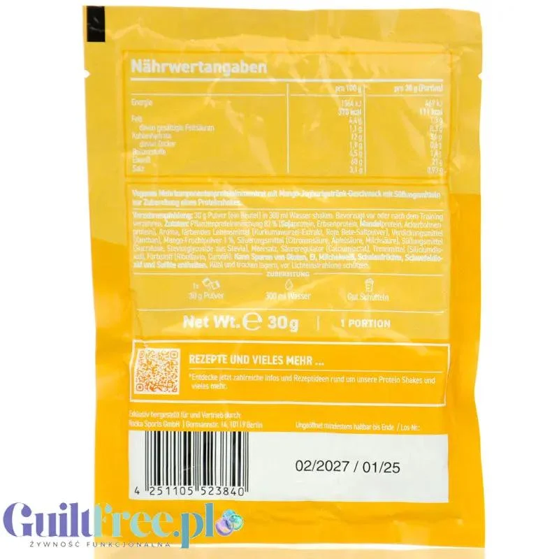 Rocka Nutrition Protein Shake Mango Lassi 30 g - wegańska odżywka białkowa 4 źródła białka