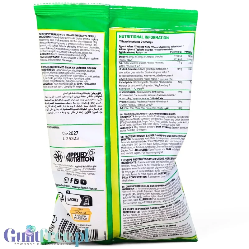Applied Nutrition Protein Chips Sour Cream & Onion - wegańskie chipsy proteinowe bez soi i glutenu 30% białka