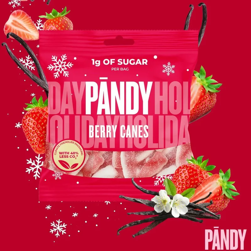 Pandy Berry Canes - żelki błonnikowe bez cukru 45% mniej kalorii, Truskawka i Wanilia