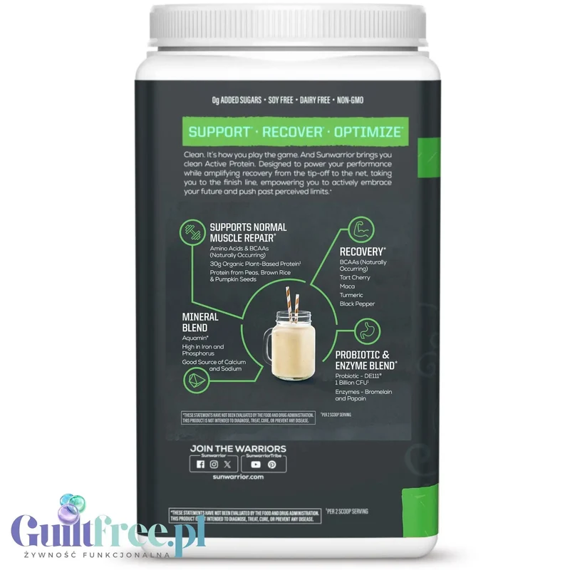 Sunwarrior Active Protein Organic Unflavored 884 g - organiczna wegańska odżywka białkowa