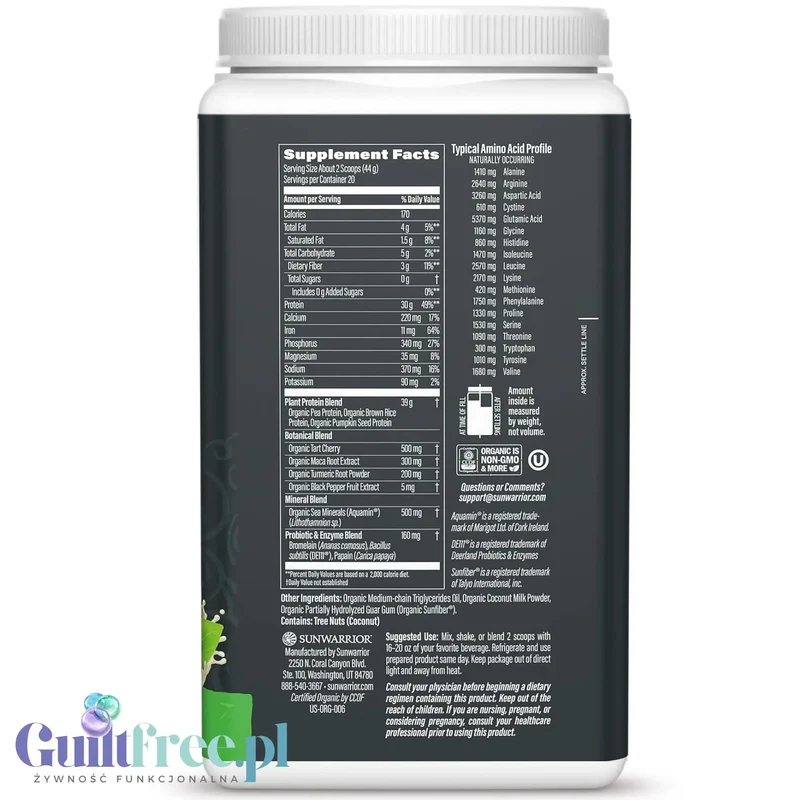 Sunwarrior Active Protein Organic Unflavored 884 g - organiczna wegańska odżywka białkowa