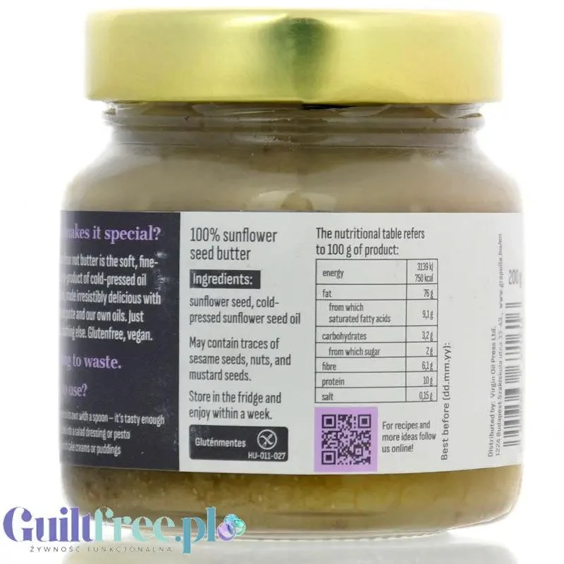 Grapoila Sunflower Seed Butter Raw - surowa miazga z pestek słonecznika 100%, pasta nieprażona słonecznikowa