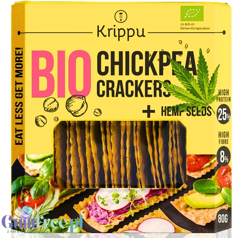 Krippu Bio Chickpea Crackers Hemp Seeds - krakersy bezglutenowe z ciecierzycy z kminkiem