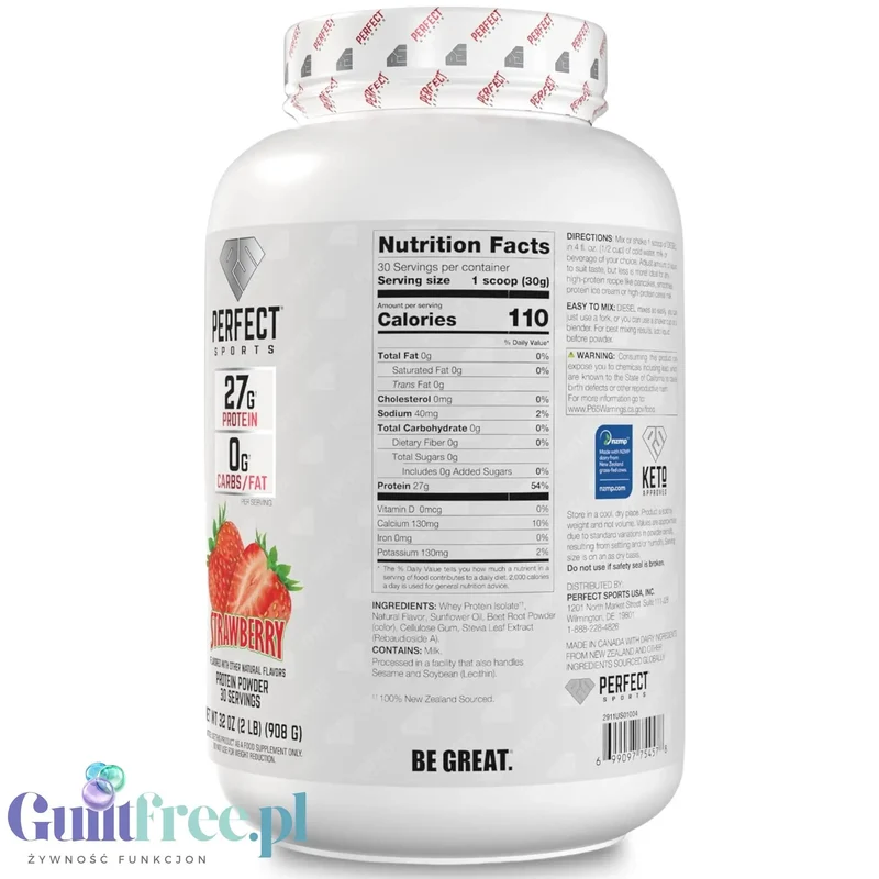Perfect Sport Diesel 100% Whey Isolate Strawberry - izolat WPI z Nowej Zelandii bez cukru i tłuszczu, 27g białka & 110kcal