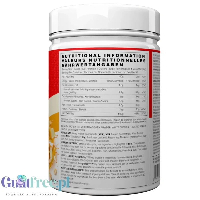 Naughty Boy Whey Protein White Chocolate Salted Peanut 900g - gęsta odżywka białkowa WPI, WPC & MPC