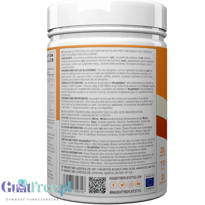 Naughty Boy Whey Protein Frosted Carrot Cake 900g - gęsta odżywka białkowa WPI, WPC & MPC