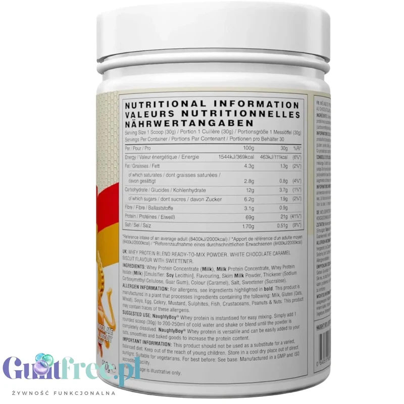 Naughty Boy Whey Protein White Chocolate Caramel Biscuit 900g - gęsta odżywka białkowa WPI, WPC & MPC