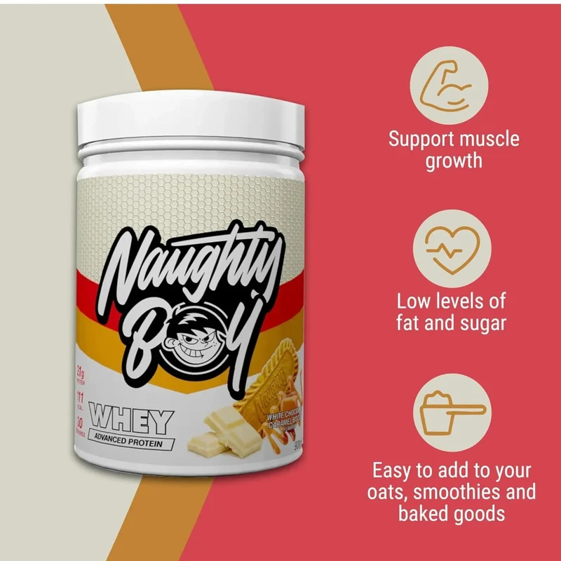Naughty Boy Whey Protein White Chocolate Caramel Biscuit 900g - gęsta odżywka białkowa WPI, WPC & MPC