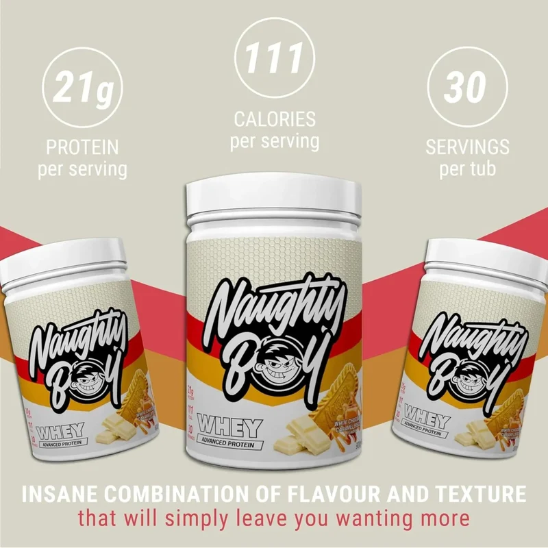Naughty Boy Whey Protein White Chocolate Caramel Biscuit 900g - gęsta odżywka białkowa WPI, WPC & MPC