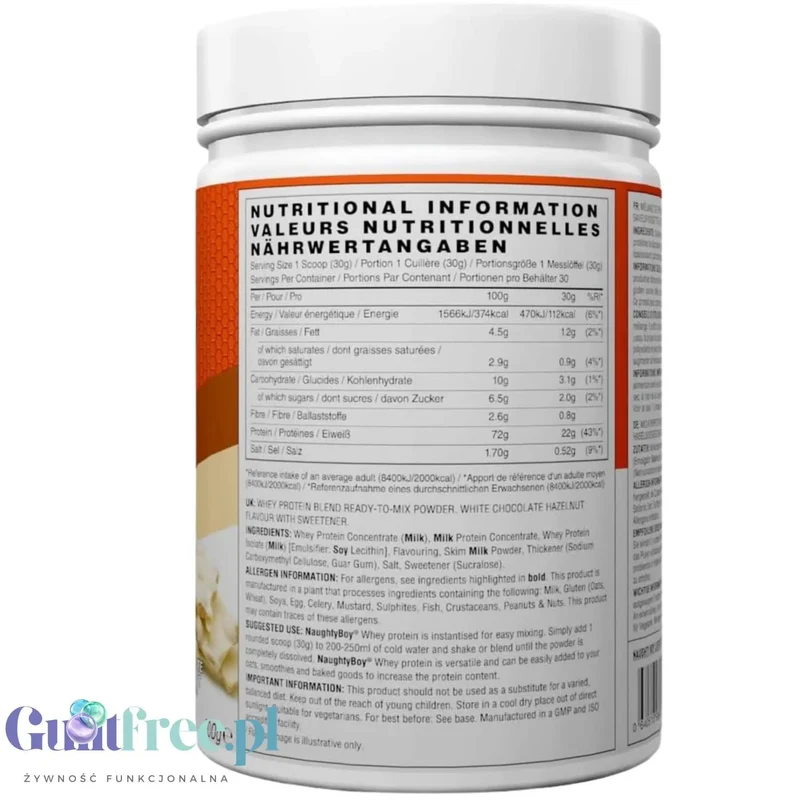 Naughty Boy Whey Protein White Chocolate Hazelnut 900g - gęsta odżywka białkowa WPI, WPC & MPC
