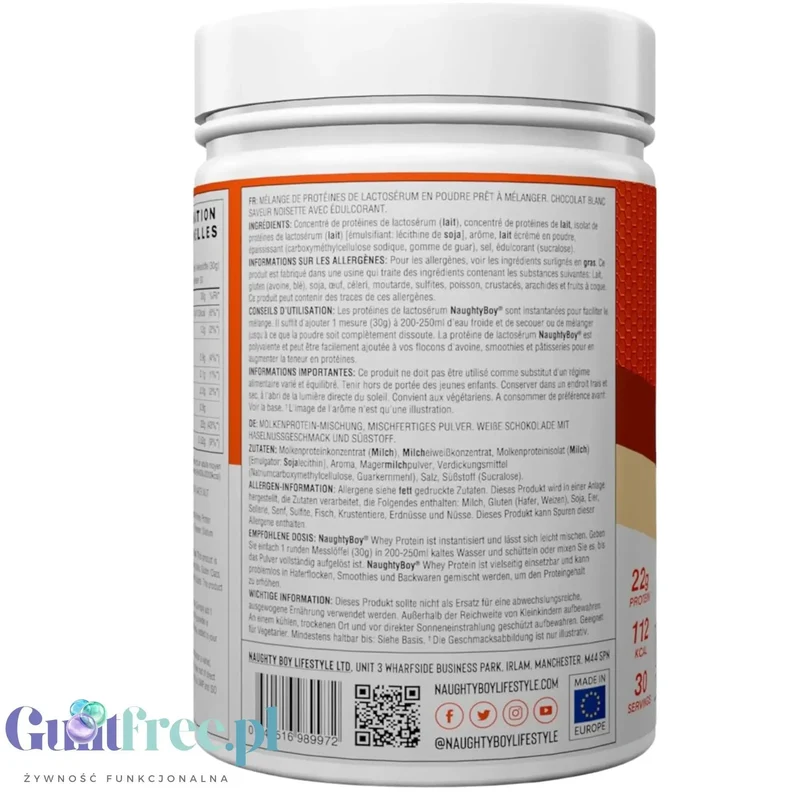Naughty Boy Whey Protein White Chocolate Hazelnut 900g - gęsta odżywka białkowa WPI, WPC & MPC