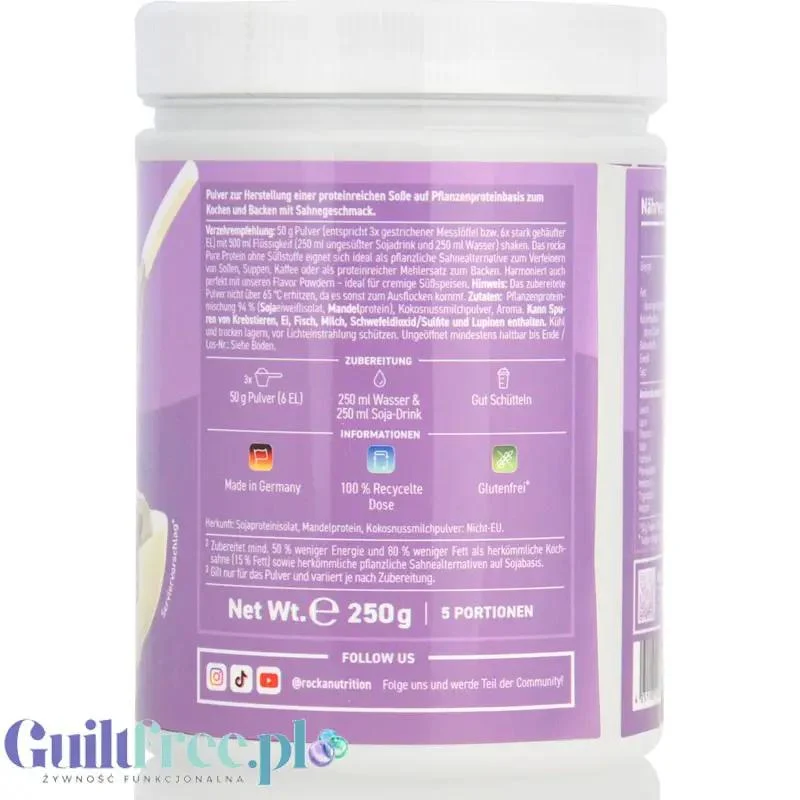 Rocka Nutrition Pure Protein Sahne 250g - niesłodzona wegańska odżywka białkowa smak naturalny