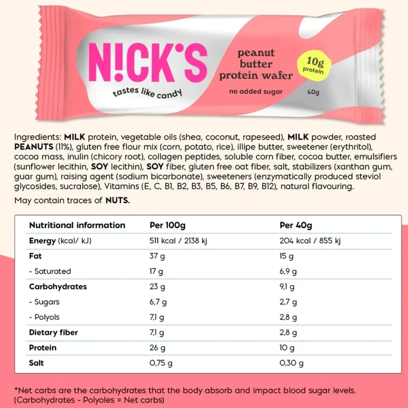 N!CK'S Nicks Protein Waffer, Peanut Butter - bezglutenowy wafelek proteinowy, smak masła orzechowgo
