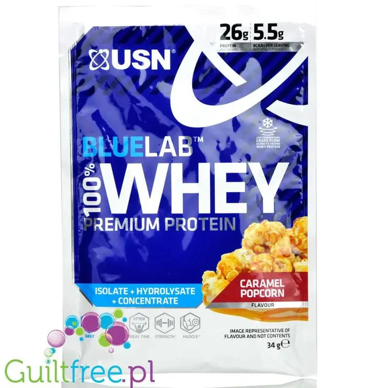 USN Blue Lab Whey Caramel Popcorn - odzywka białkowa WPI, WPC, WPH z Tolerase L