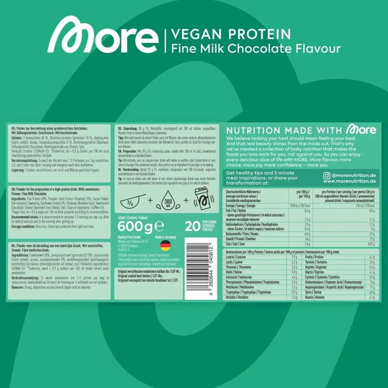 More Nutrition Vegan Protein Fine Milk Chocolate - wegańska odżywka białkowa, smak Shake Czekoladowy