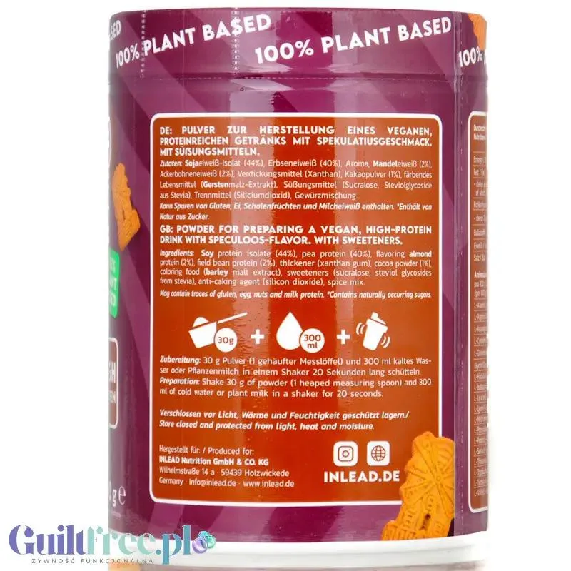 Inlead Vegan Protein Spekulatius 300g - wegańska odżywka proteinowa na bazie 4 białek roślinnych ze stewią