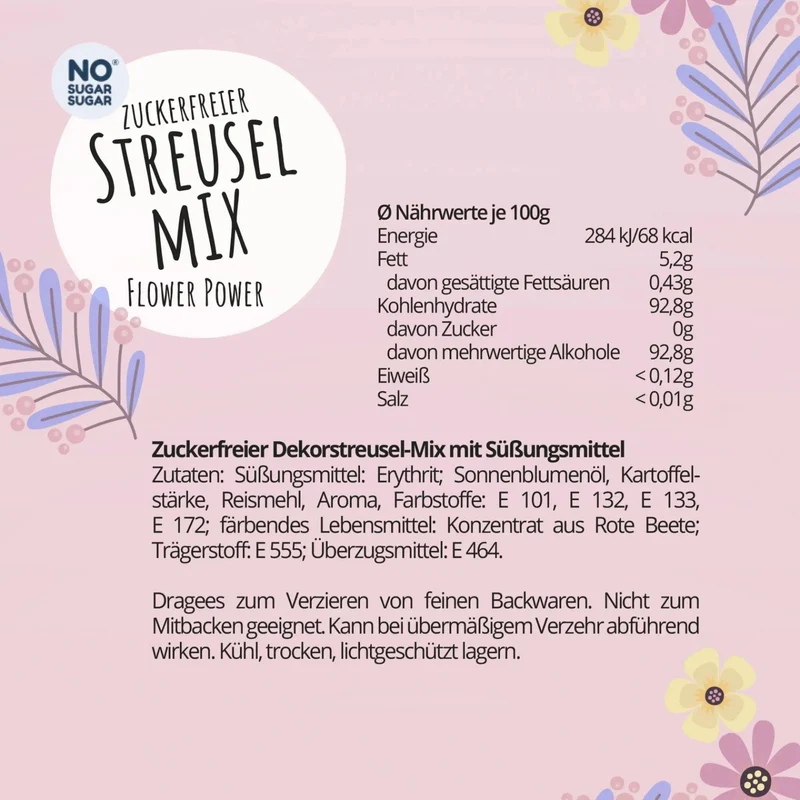 NO SUGAR SUGAR Streusel Mix Flower Power - pastelowa posypka bez cukru z erytrolem 72kcal