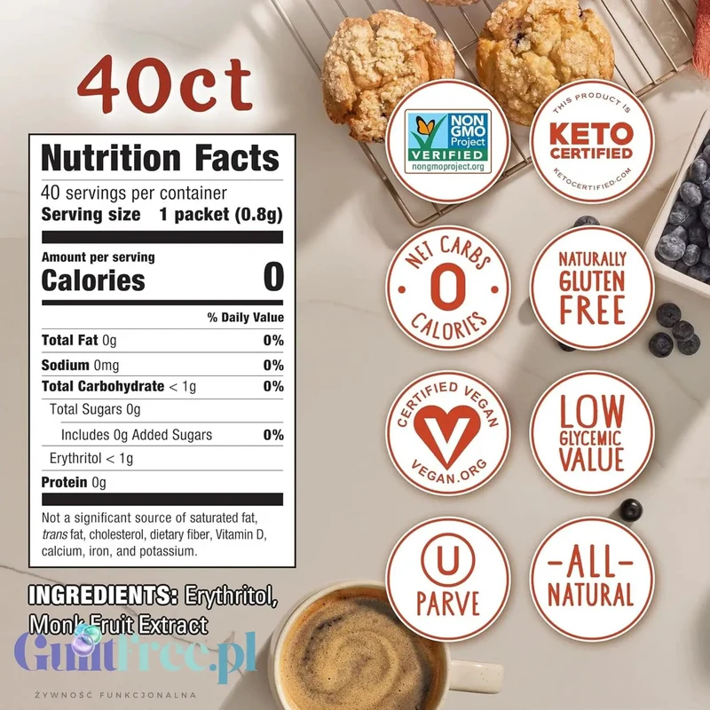 Monk Fruit in the Raw 40 saszetek - naturalny keto słodzik zero kcal, substytut cukru 1:1