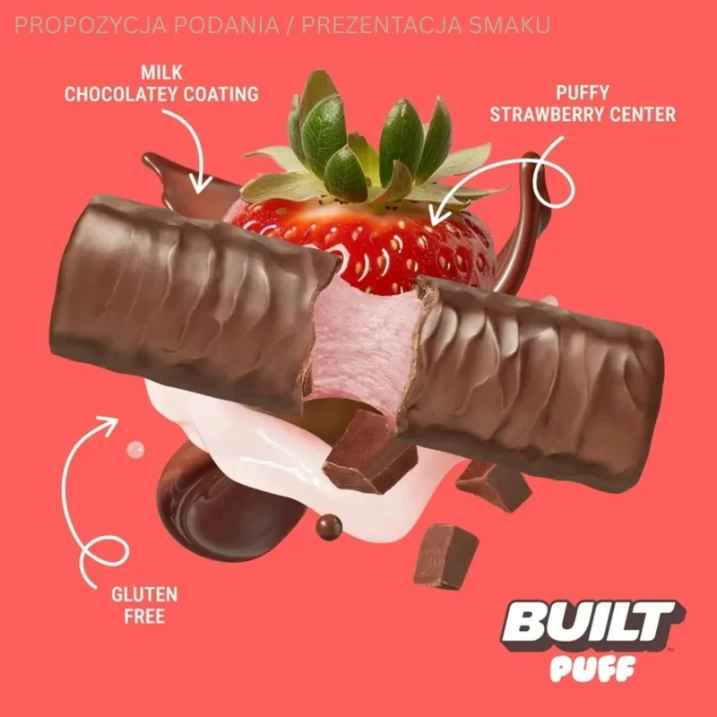 Built Bar Protein Puffs Strawberries 'N Cream - proteinowy baton marshmallow w czekoladzie 17g białka & 140kcal