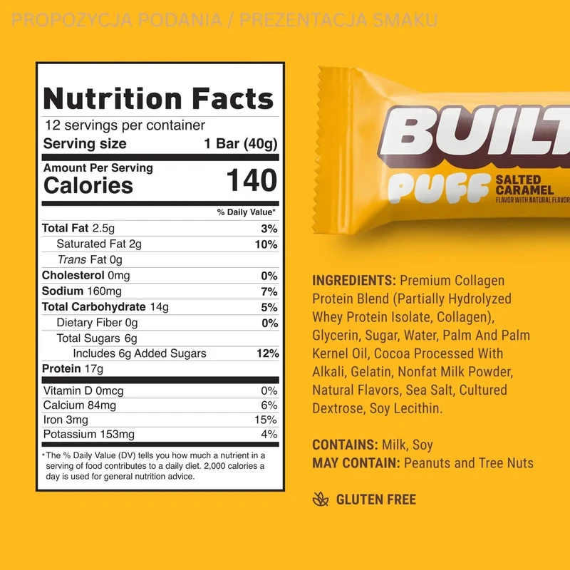 Built Bar Protein Puffs Salted Caramel - proteinowy baton marshmallow w czekoladzie 17g białka & 140kcal