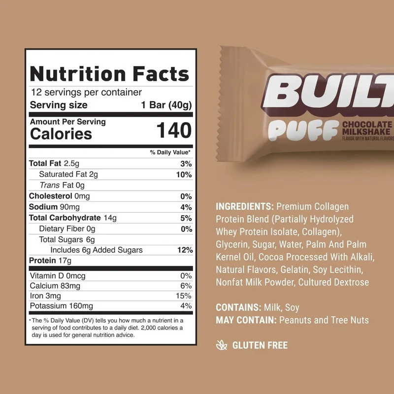 Built Bar Protein Puffs Chocolate Milkshake - proteinowy baton marshmallow w czekoladzie 17g białka & 140kcal
