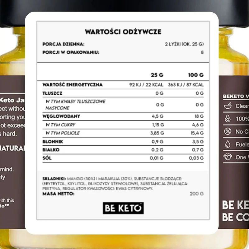 BeKeto Jam Mango & Passion Fruit - Keto Dżem™ Mango z Marakują 87kcal z erytrolem i ksylitolem