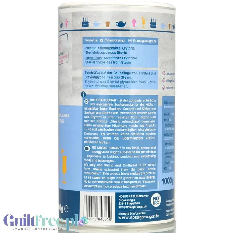No SUGAR SUGAR Erythritol & Stevia 1kg - słodzik sypki bez kalorii substytut cukru 1:1