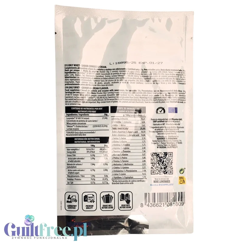 BIG® Only Whey Zero Vanilla Cream 30g - kremowa odżywka białkowa WPC Lacprodan 80 ze stewią