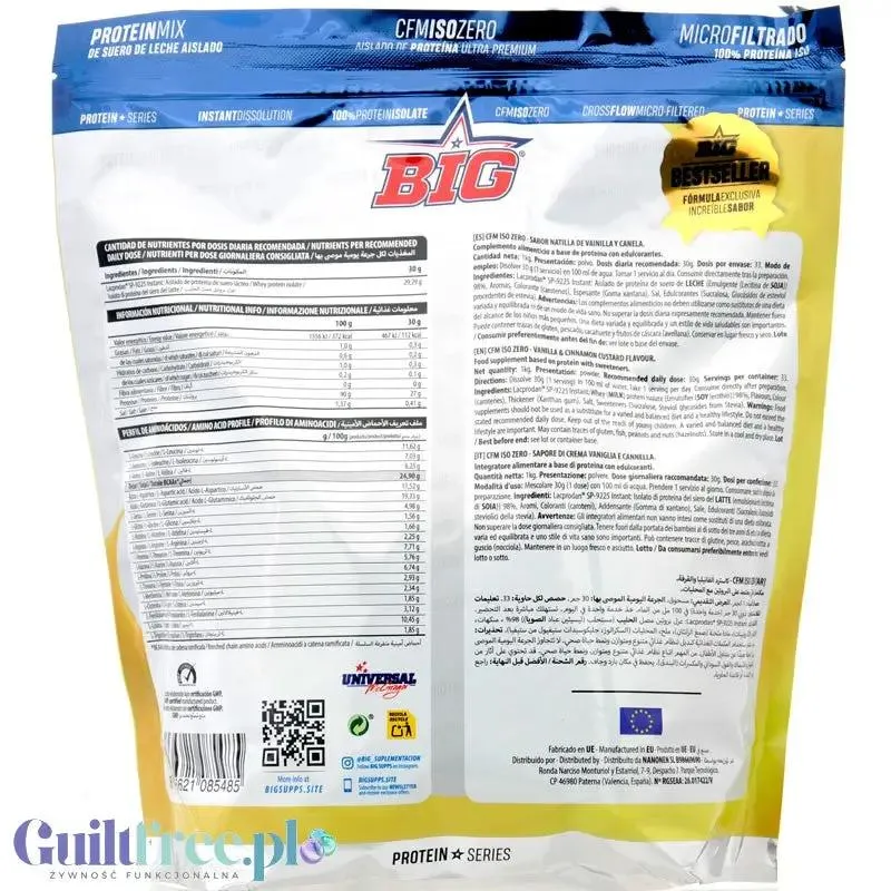 BIG® CFM ISO Zero, Milk & Cinnamon 1kg - ekskluzywna odżywka białkowa WPI92 CFM Lacprodan®, smak Mleko z Cynamonem